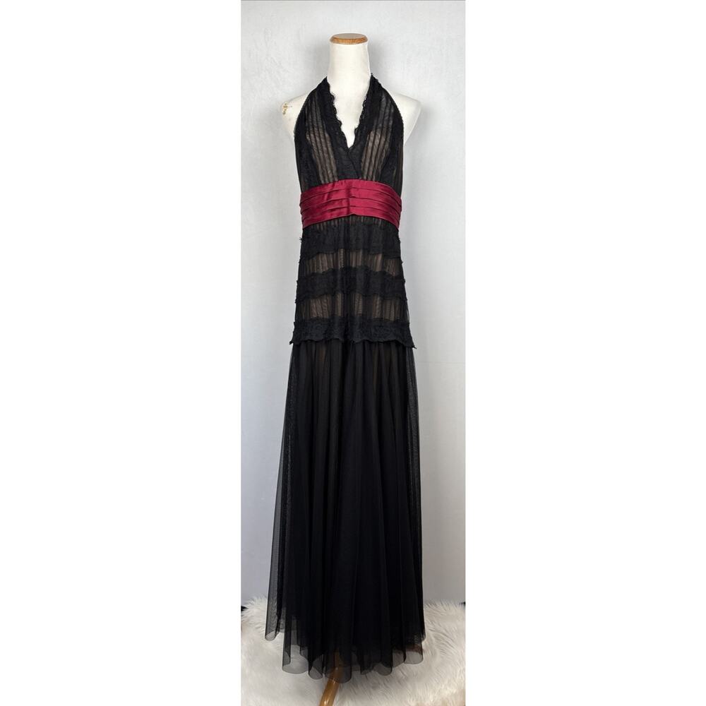 BCBGMAXAZRIA Black Tulle Lace Halter Dress Womens 12 Whimsigoth Maxi Formal Prom